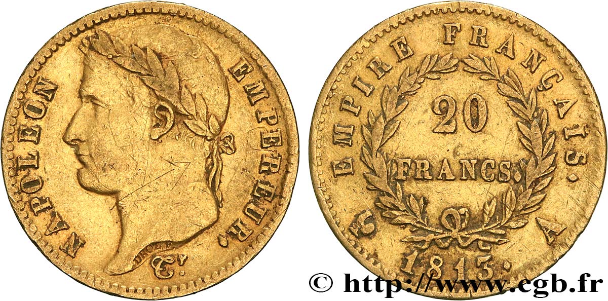 20 francs or Napoléon tête laurée, Empire français 1813 Paris F.516/30 XF40 