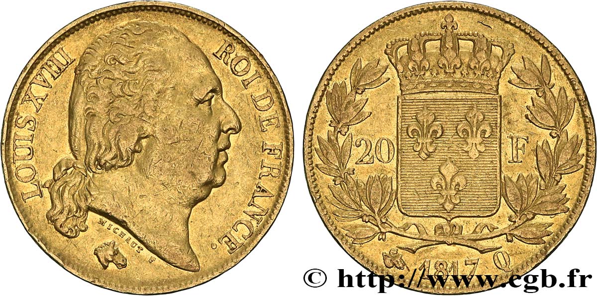 20 francs or Louis XVIII, tête nue 1817 Perpignan F.519/8 MBC40 