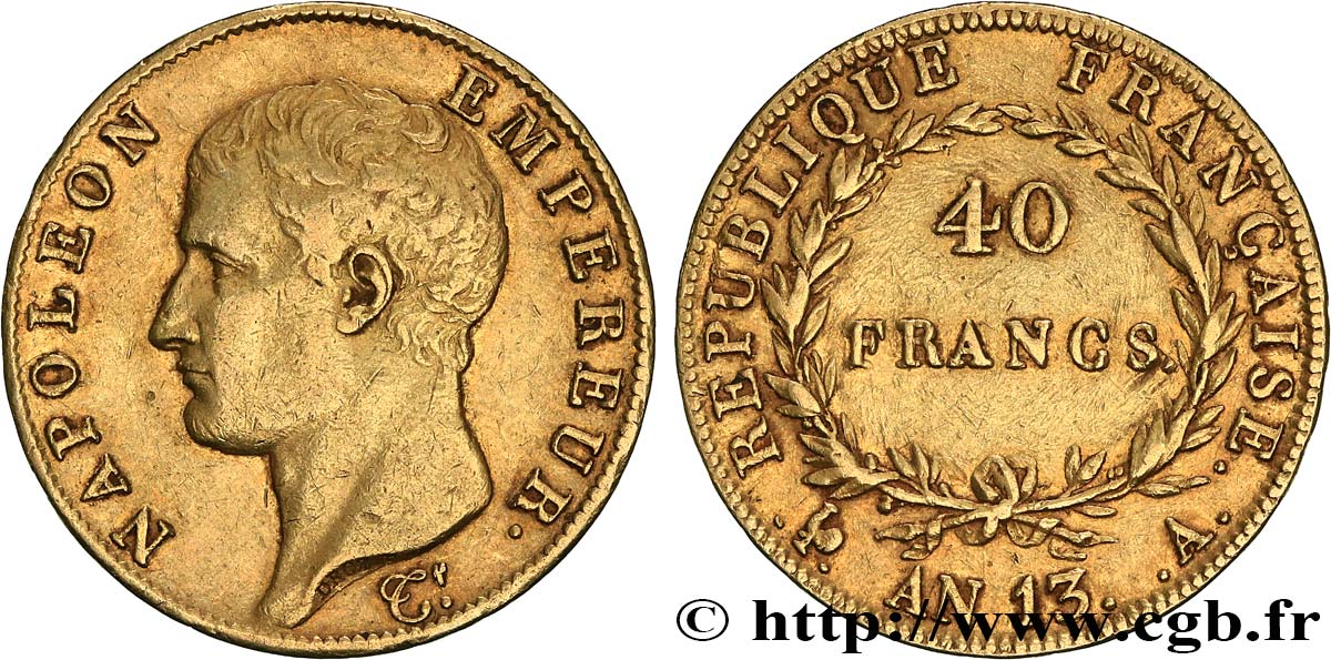 40 francs or Napoléon tête nue, Calendrier révolutionnaire 1805 Paris F.537/1 TTB 