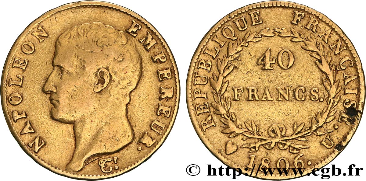 40 francs or Napoléon tête nue, Calendrier grégorien 1806 Turin F.538/4 TB+ 