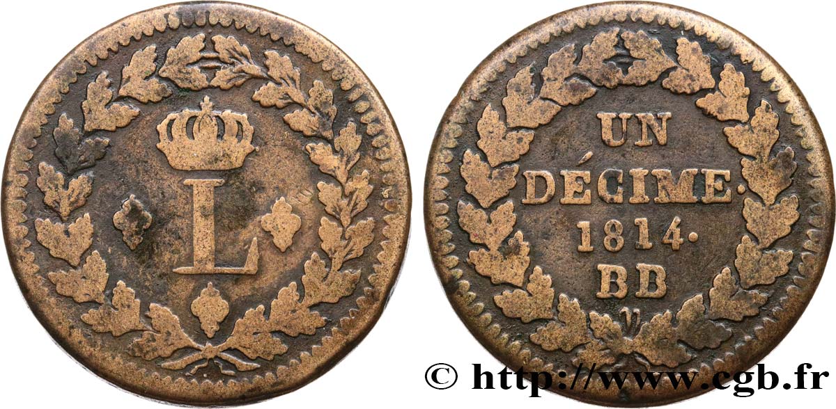 Un décime à l’L couronnée 1814 Strasbourg F.132/1 TB20 