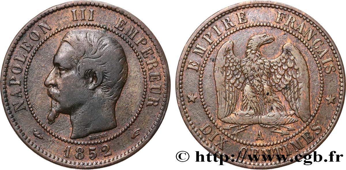 Dix centimes Napoléon III, tête nue 1852 Paris F.133/1 VF30 