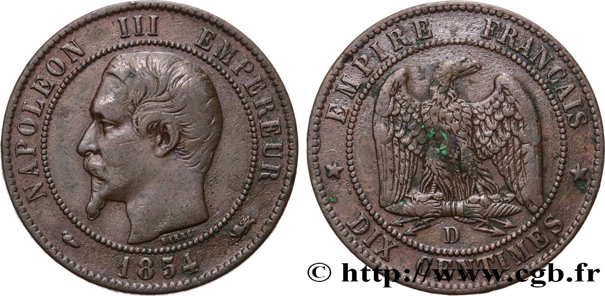 Dix centimes Napoléon III, tête nue 1854 Lyon F.133/15 VF35 
