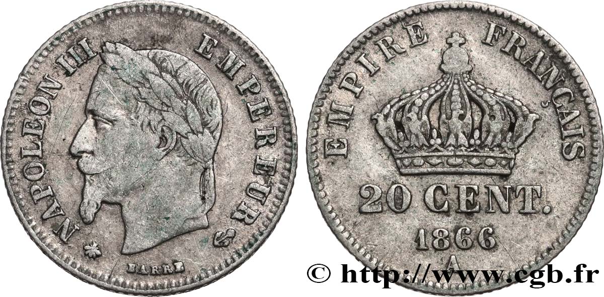 20 centimes Napoléon III, tête laurée, petit module 1866 Paris F.149/4 MB 