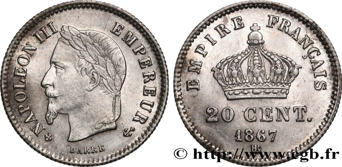 20 centimes Napoléon III, tête laurée, grand module 1867 Strasbourg F.150/2 q.SPL 