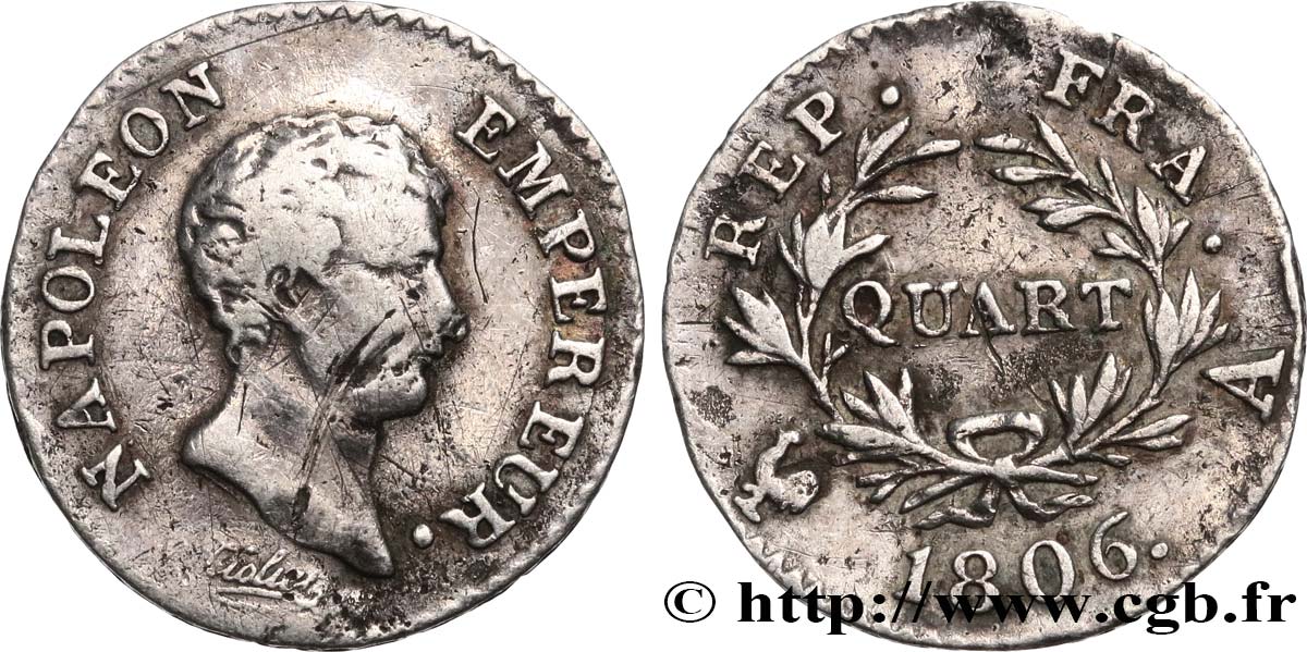 Quart (de franc) Napoléon Empereur, Calendrier grégorien 1806 Paris F.159/1 MB 