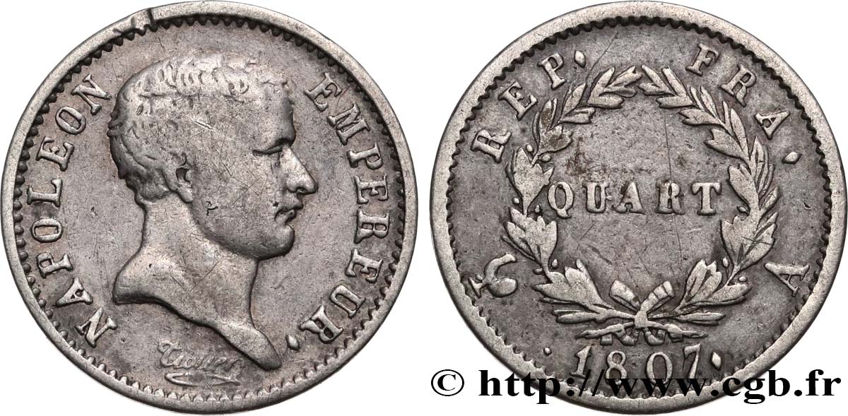 Quart (de franc) Napoléon Empereur, tête de nègre 1807 Paris F.160/1 MB25 