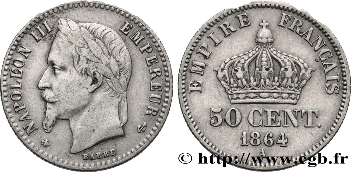 50 centimes Napoléon III, tête laurée 1864 Paris F.188/2 TB+ 