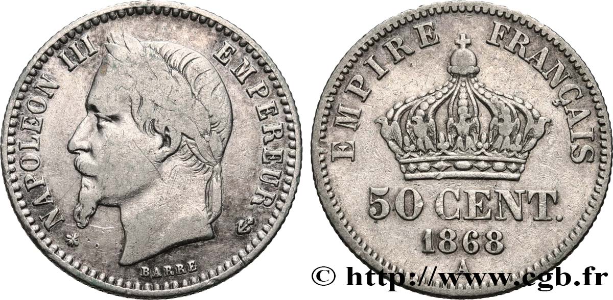 50 centimes Napoléon III, tête laurée 1868 Paris F.188/20 TB 