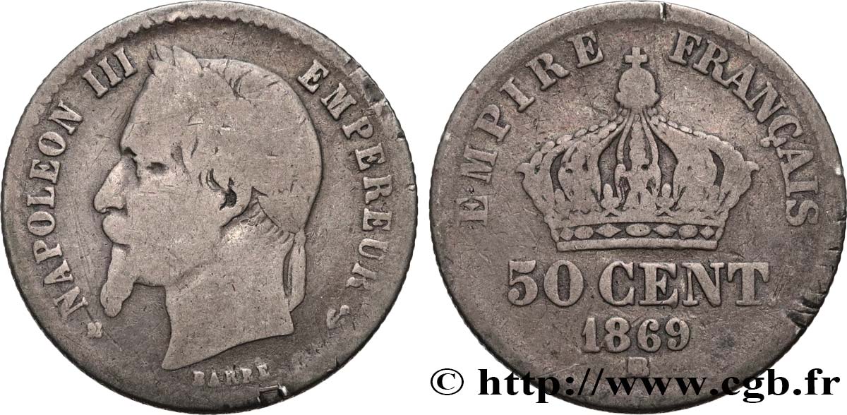 50 centimes Napoléon III, tête laurée 1869 Strasbourg F.188/23 F12 
