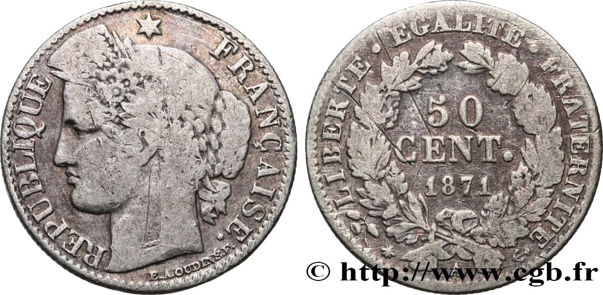 50 centimes Cérès, Troisième République 1871 Paris F.189/1 B+ 