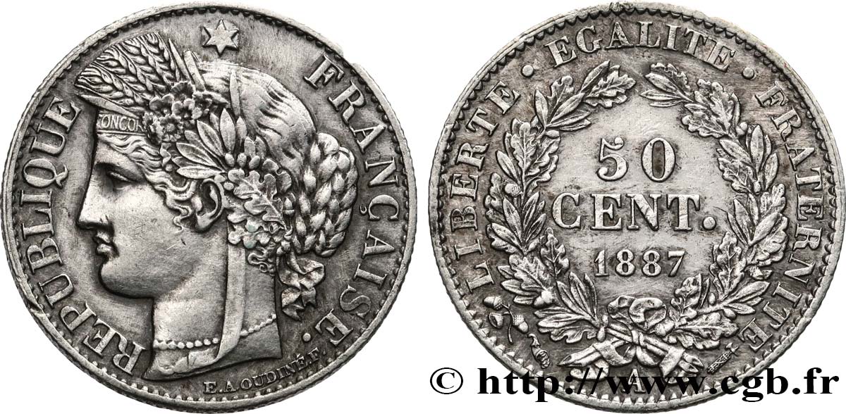 50 centimes Cérès, Troisième République 1887 Paris F.189/12 TTB+ 