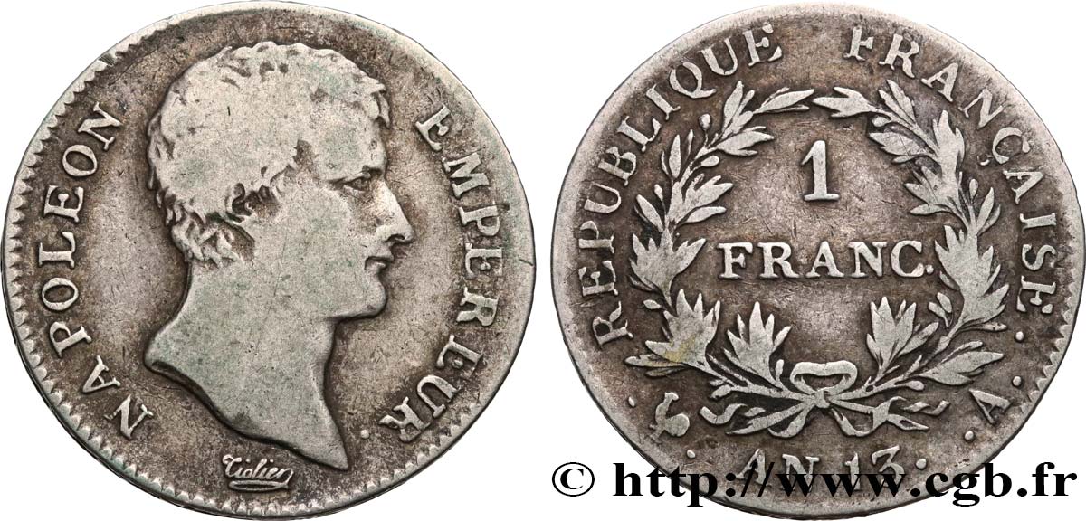 1 franc Napoléon Empereur, Calendrier révolutionnaire 1805 Paris F.201/14 TB25 