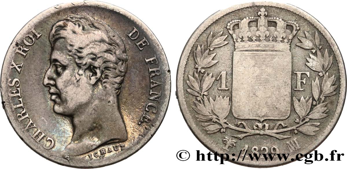 1 franc Charles X, matrice du revers à quatre feuilles 1829 Marseille F.207A/22 TB15 