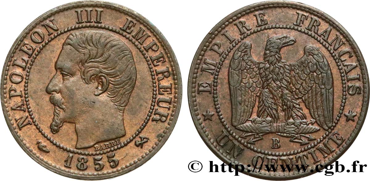 Un centime Napoléon III, tête nue 1855 Rouen F.102/17 AU50 
