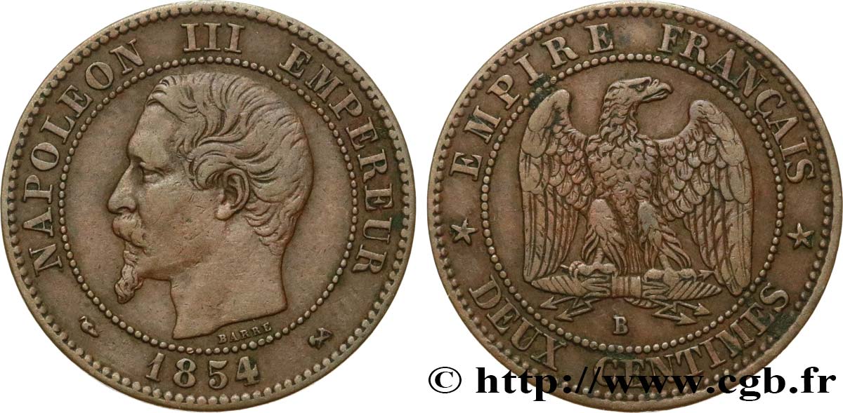 Deux centimes Napoléon III, tête nue 1854 Rouen F.107/10 S35 