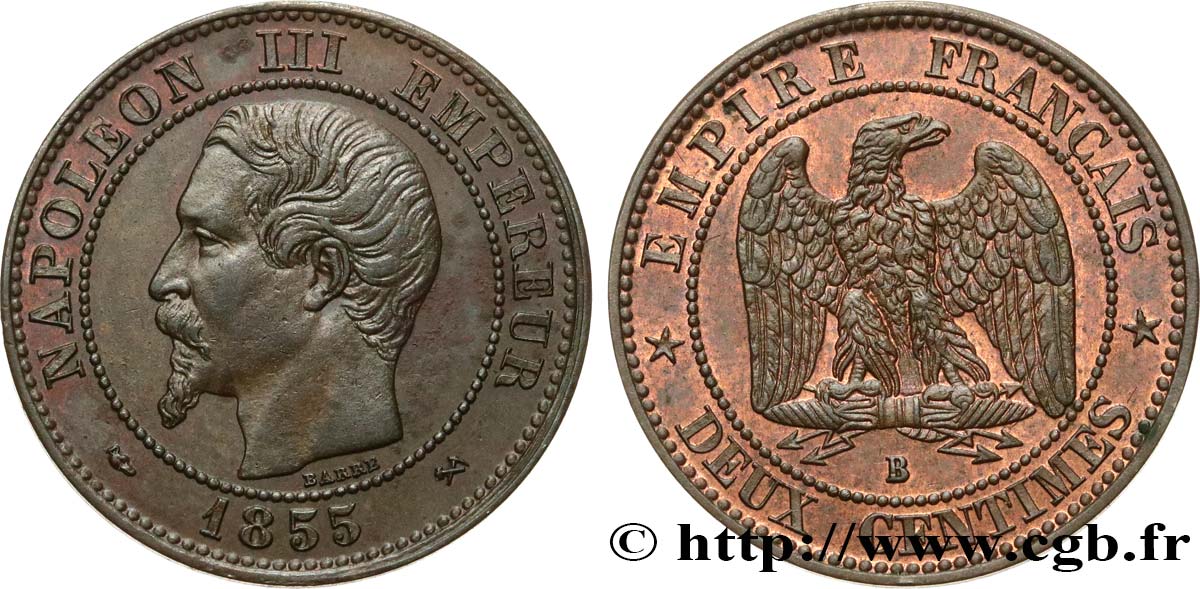 Deux centimes Napoléon III, tête nue 1855 Rouen F.107/21 SPL55 