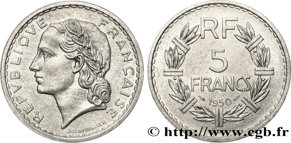 5 francs Lavrillier, aluminium 1950 Beaumont-Le-Roger F.339/21 AU55 