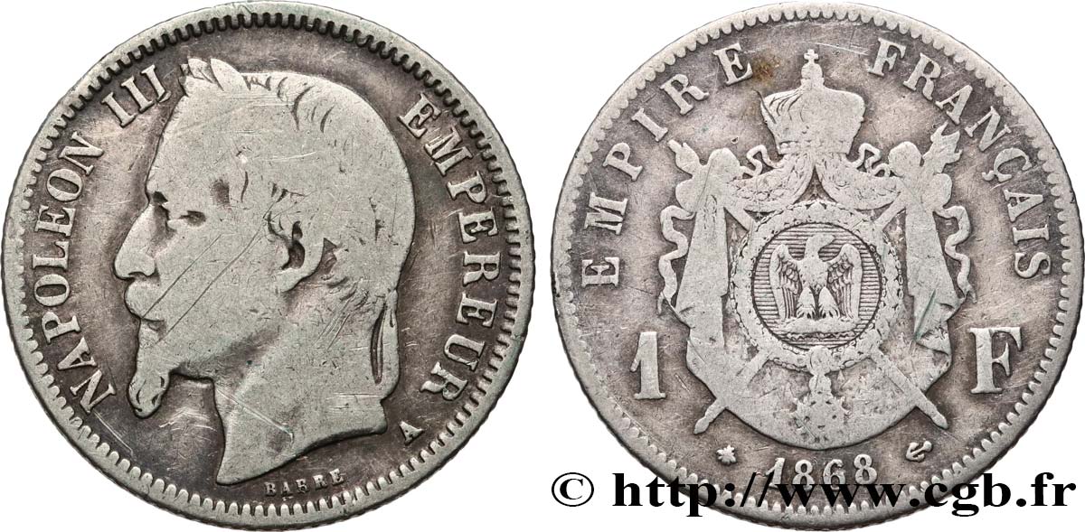 1 franc Napoléon III, tête laurée 1868 Paris F.215/10 VG 