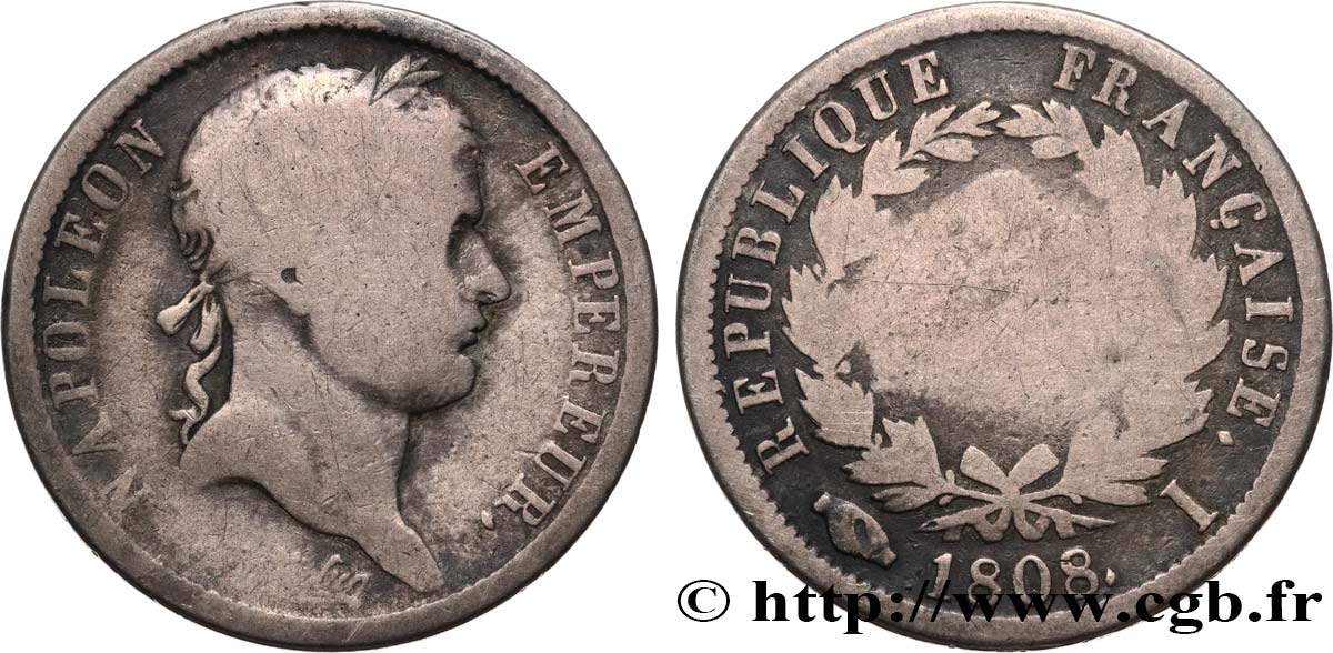 2 francs Napoléon Ier tête laurée, République française 1808 Limoges F.254/6 B6 