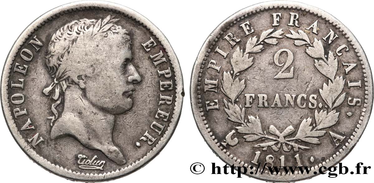 2 francs Napoléon Ier tête laurée, Empire français 1811 Paris F.255/24 BC20 