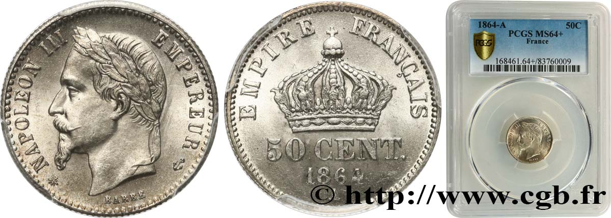 50 centimes Napoléon III, tête laurée 1864 Paris F.188/2 SC64 PCGS