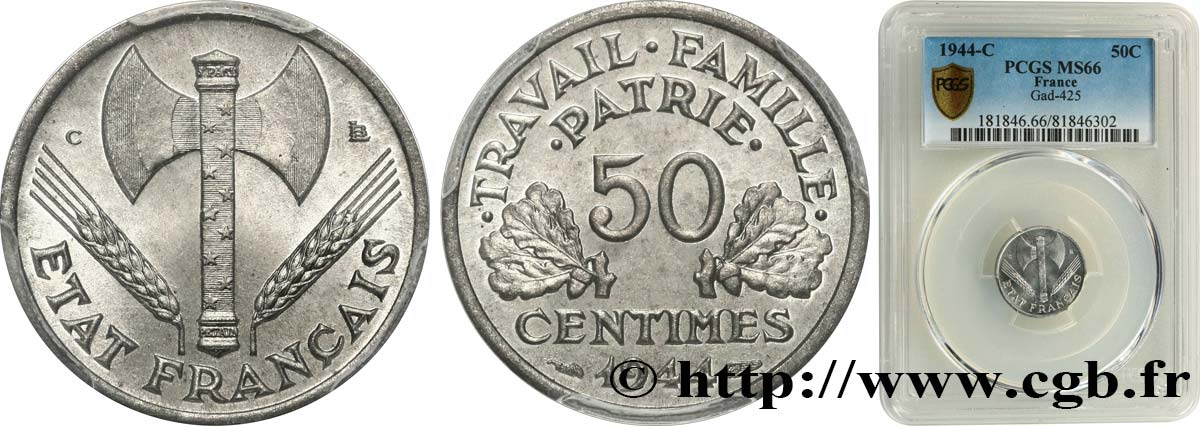 50 centimes Francisque, légère 1944 Castelsarrasin F.196/5 FDC66 PCGS