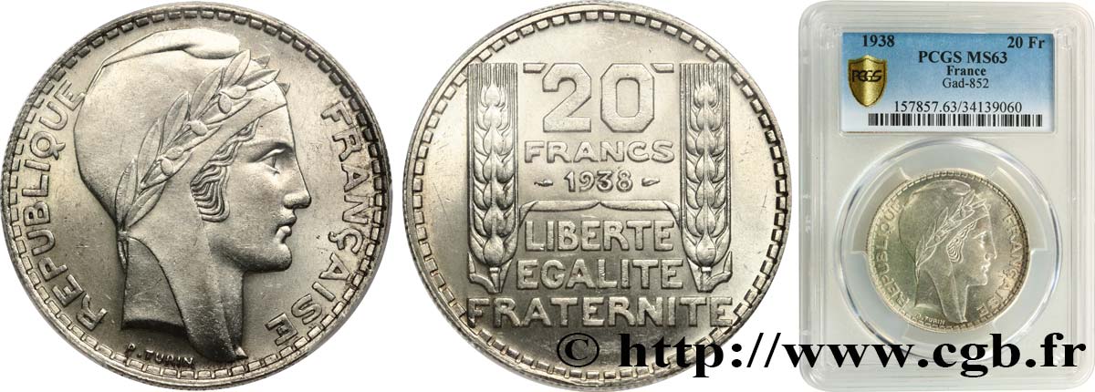 20 francs Turin 1938  F.400/9 SC63 PCGS