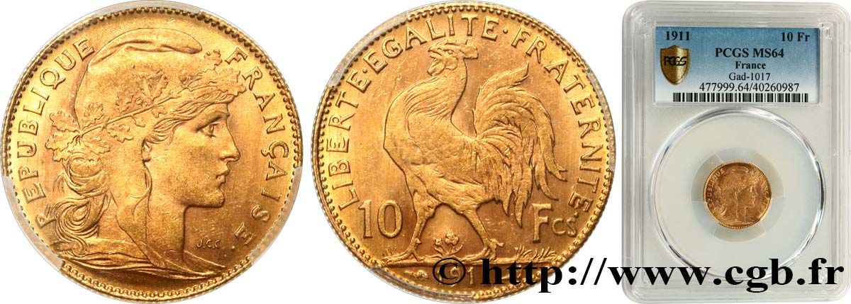 10 francs or Coq 1911 Paris F.509/12 fST64 PCGS