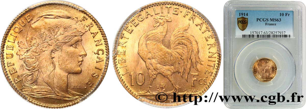 10 francs or Coq 1914 Paris F.509/14 fST63 PCGS