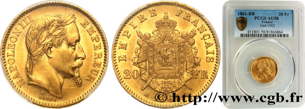 20 francs or Napoléon III, tête lauré 1861 Strasbourg F.532/2 VZ58 PCGS