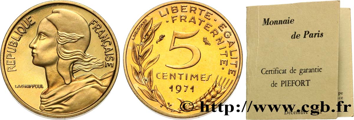 Piéfort Br-Al de 5 centimes Marianne 1971 Paris GEM.22 P1 FDC 