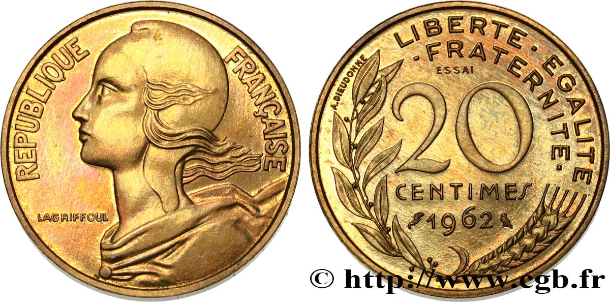 Essai-piéfort de 20 centimes Marianne 1962 Paris GEM.56 EP MS65 