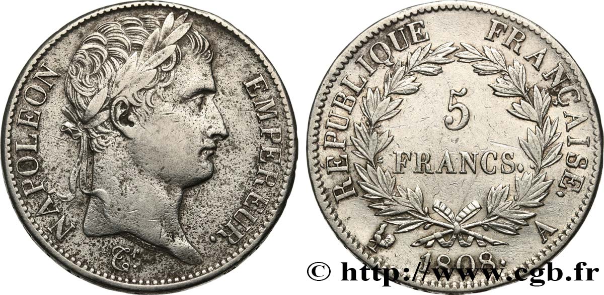 5 francs Napoléon Empereur, République française 1808 Paris F.306/2 XF 