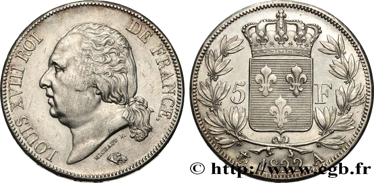 5 francs Louis XVIII, tête nue 1822 Paris F.309/68 MBC+ 