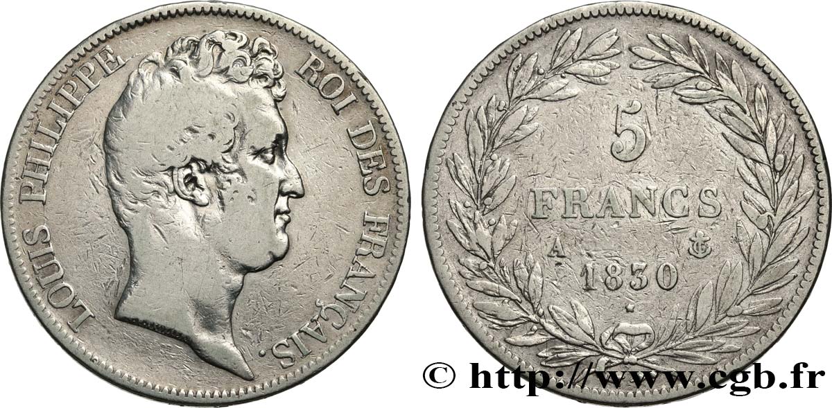 5 francs type Tiolier sans le I, tranche en creux 1830 Paris F.313/1 S 