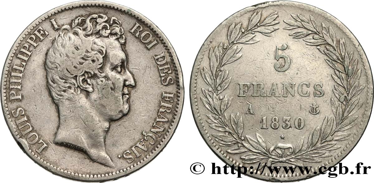 5 francs type Tiolier avec le I, tranche en creux 1830 Paris F.315/1 VF 
