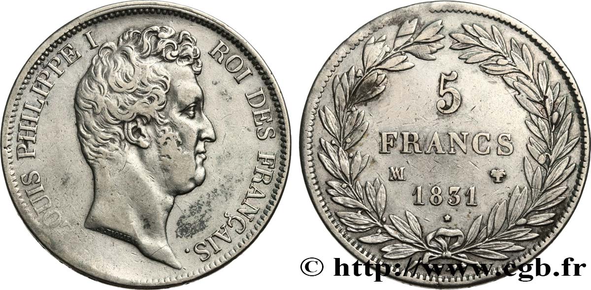 5 francs type Tiolier avec le I, tranche en creux 1831 Marseille F.315/23 BB 