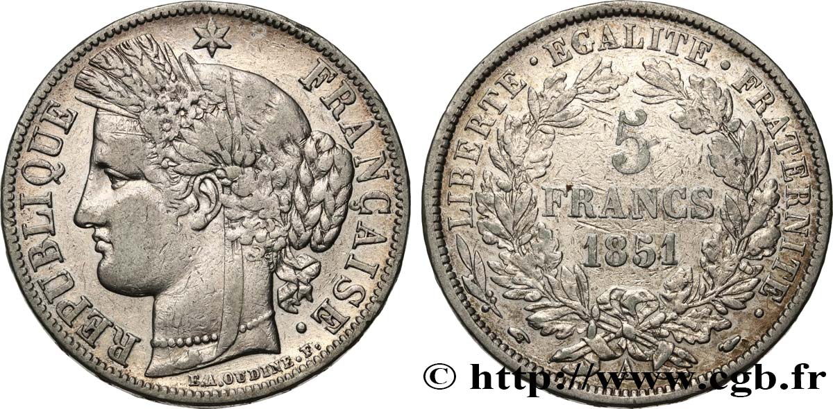 5 francs Cérès, IIe République 1851 Paris F.327/7 TB+ 