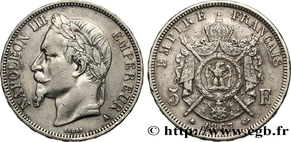 5 francs Napoléon III, tête laurée 1867 Paris F.331/10 SS 