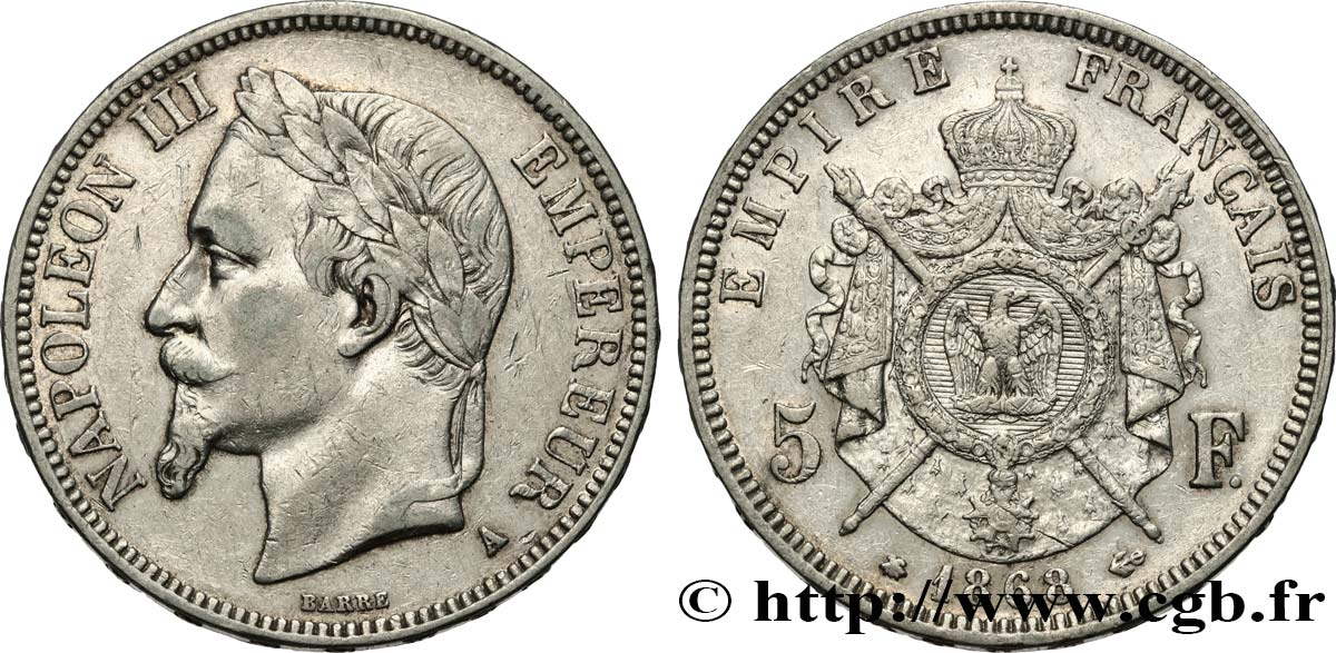 5 francs Napoléon III, tête laurée 1868 Paris F.331/12 TB+ 