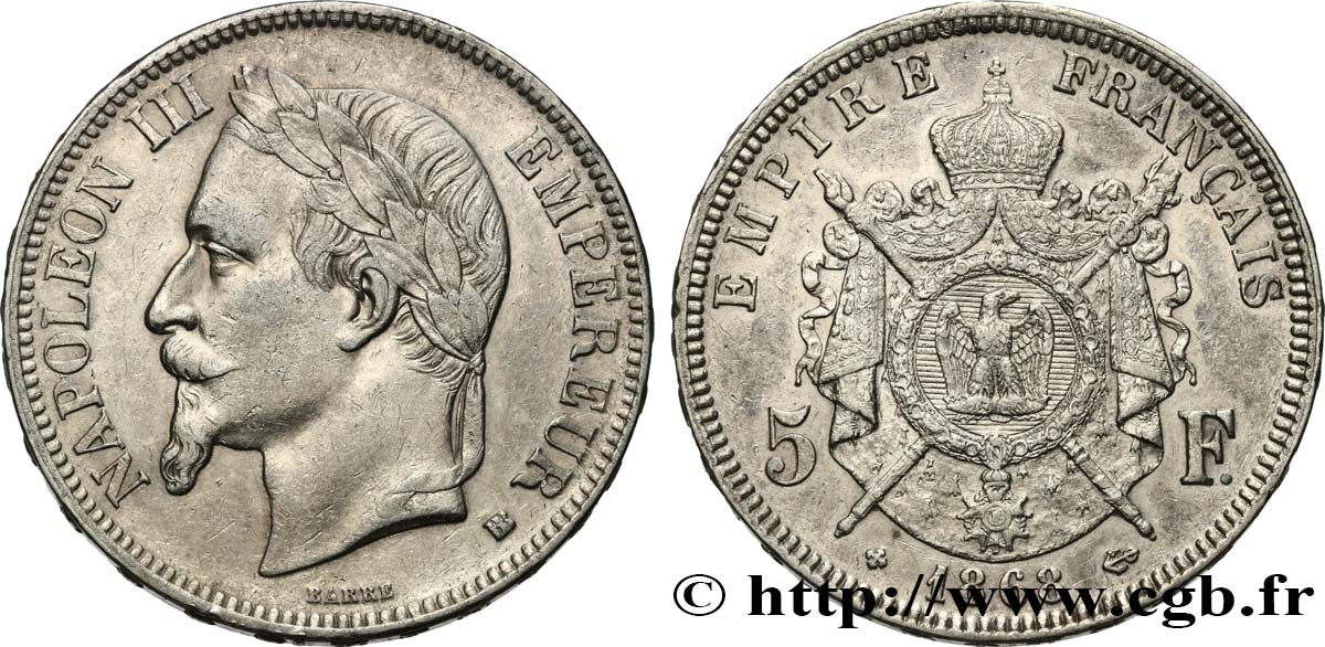 5 francs Napoléon III, tête laurée 1868 Strasbourg F.331/13 fSS 