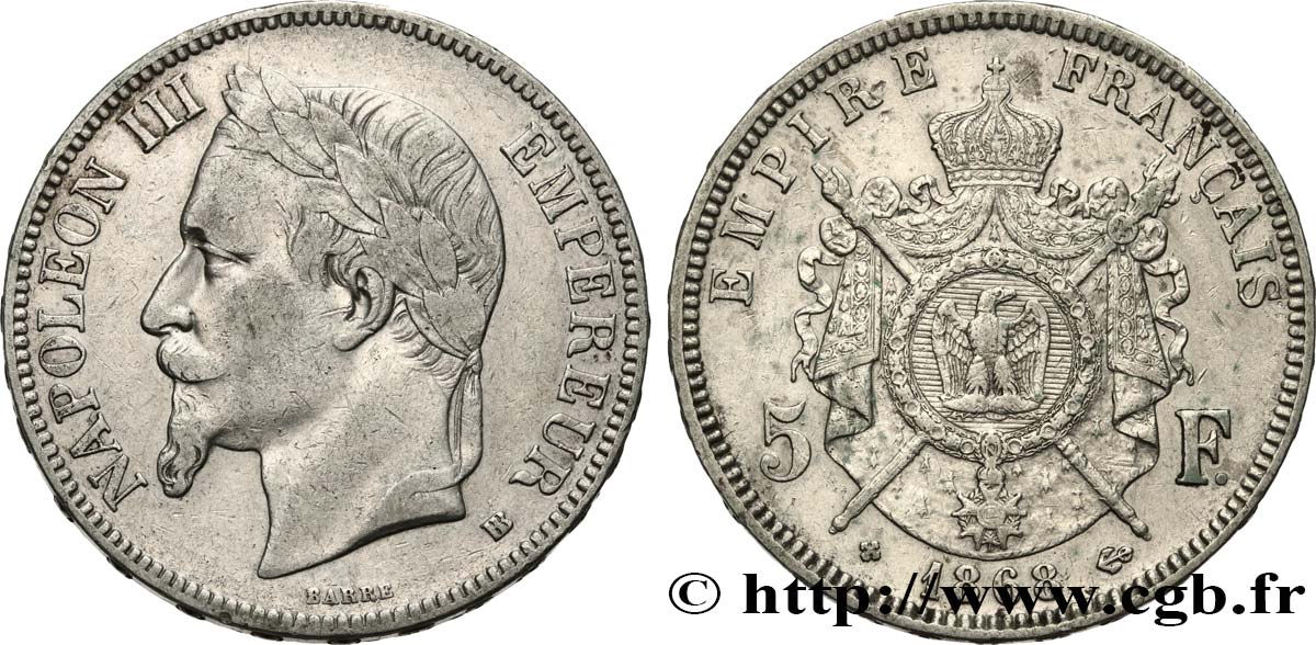 5 francs Napoléon III, tête laurée 1868 Strasbourg F.331/13 VF35 