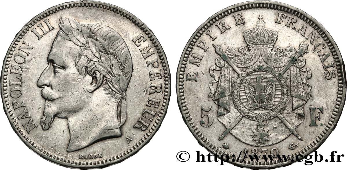 5 francs Napoléon III, tête laurée 1870 Paris F.331/16 TB+ 
