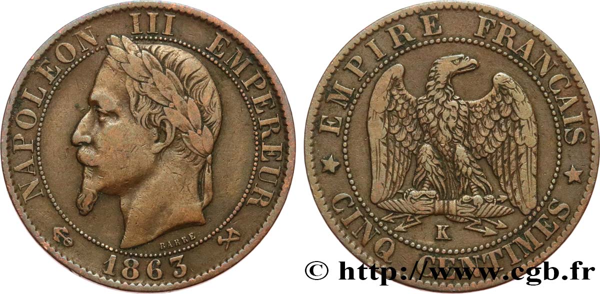 Cinq centimes Napoléon III, tête laurée 1863 Bordeaux F.117/12 S35 