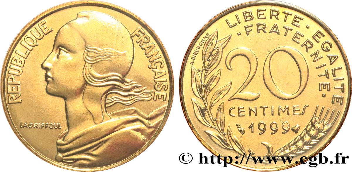 20 centimes Marianne, BU (Brillant Universel) 1999 Pessac F.156/43 MS 