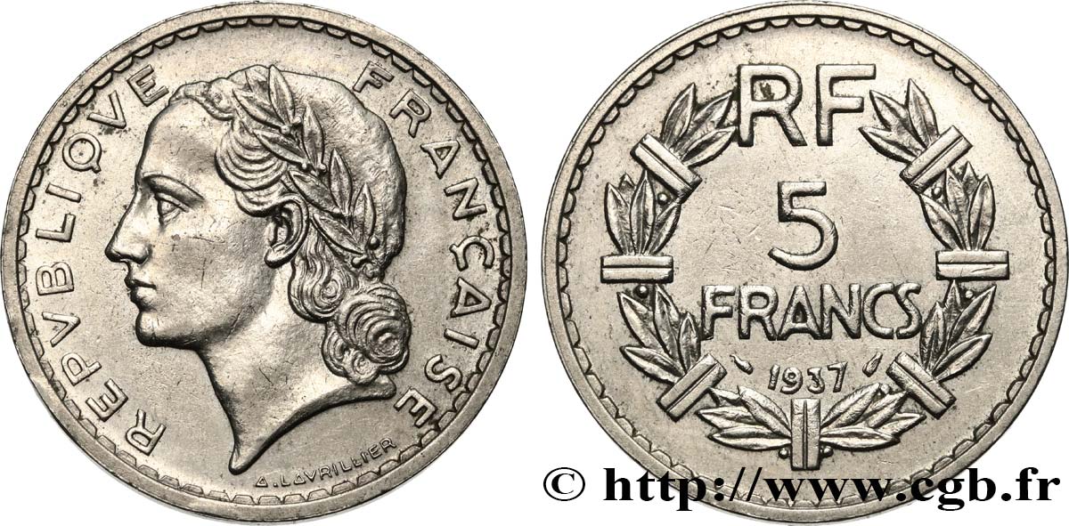 5 francs Lavrillier, nickel 1937  F.336/6 SS 