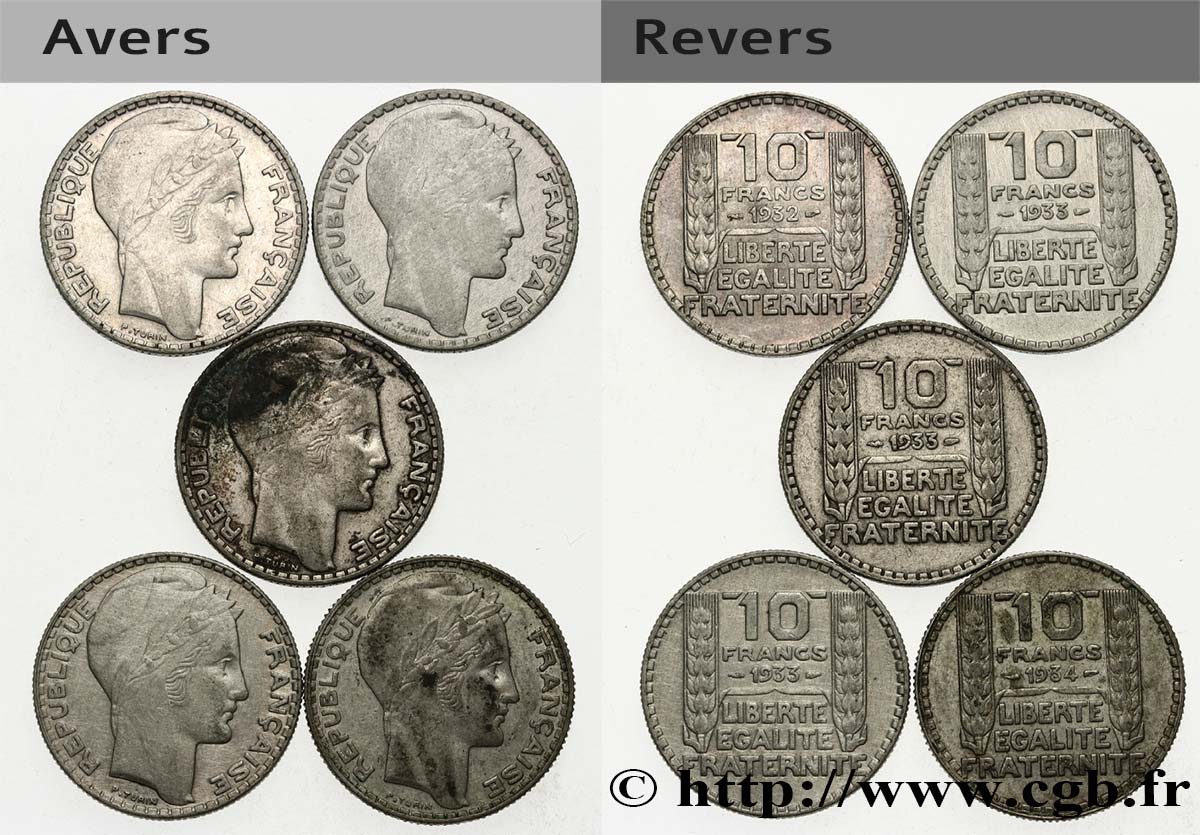 Lot de 5 pièces de 10 francs Turin, ARGENT n.d.  F.360/- lot 