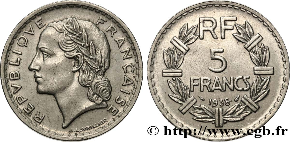 5 francs Lavrillier, nickel 1938  F.336/7 q.SPL 