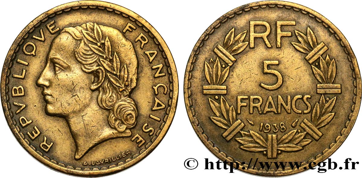 5 francs Lavrillier en bronze-aluminium 1938  F.337/1 TB+ 